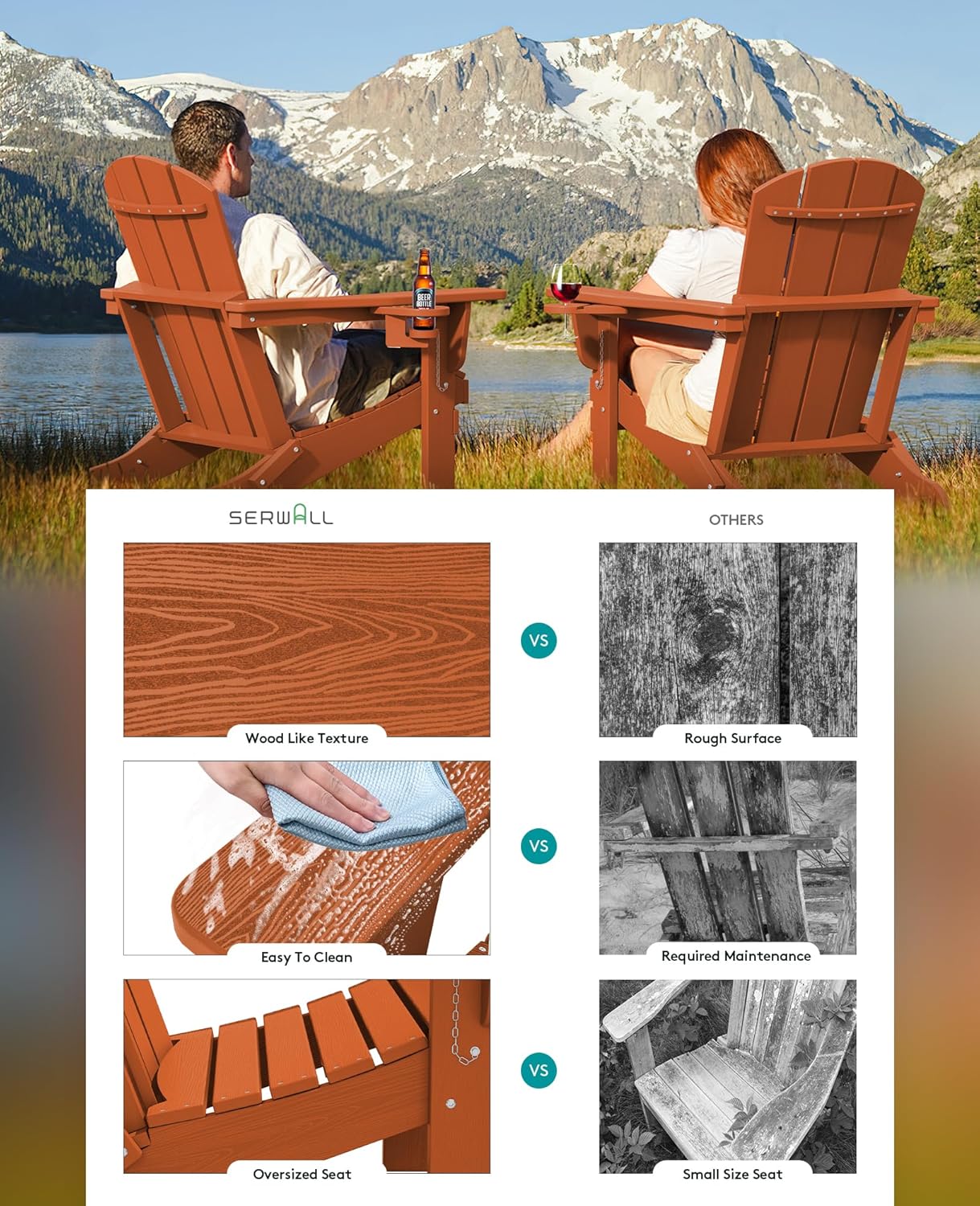 SERWALL Adirondack Chair with Cup Holders - Composite Adirondack Chairs Set of 6 HDPE Outdoor Chairs All Weather Use- Orange