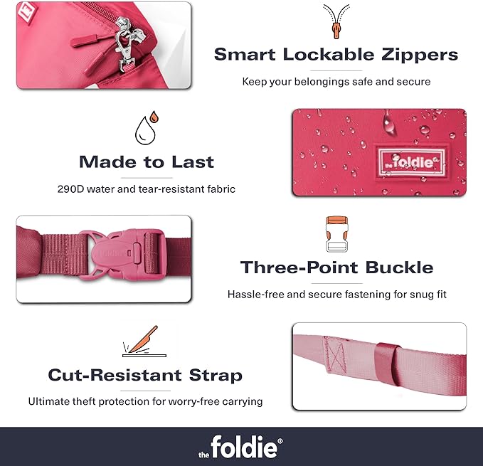 The Foldie Foldable Crossbody Bags for Women & Men - Anti-Theft RFID-Safe Fanny Pack with Smart Lockable Zippers and Cut-Resistant Strap - Lightweight Waist Pack for Travel & Everyday Use - Pink