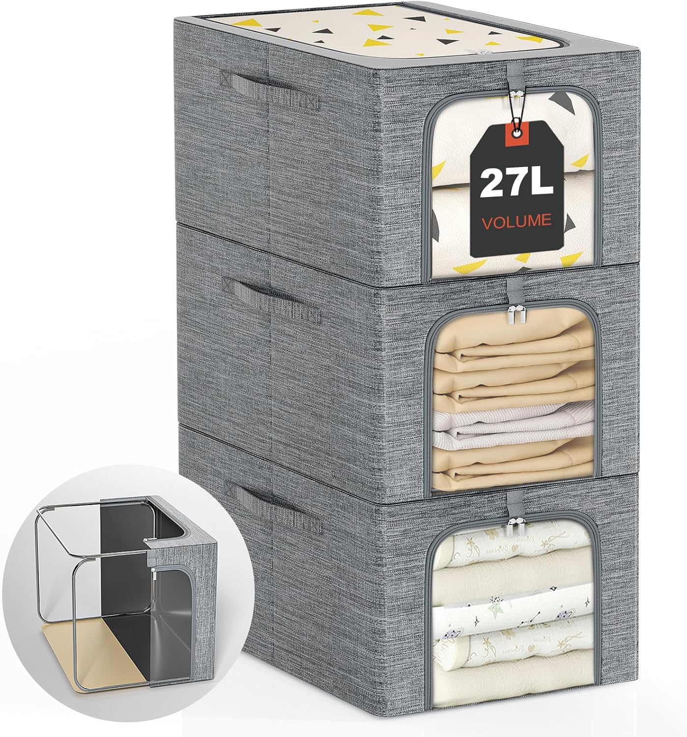 GoMaihe Clothes Storage Bins Metal Frame: 3-Pack Compact Stackable Closet Storage Bin with Lid & Clear Window, Space Saving Organizer for Sweaters Kids Clothes (Dorm/Closet 27L)