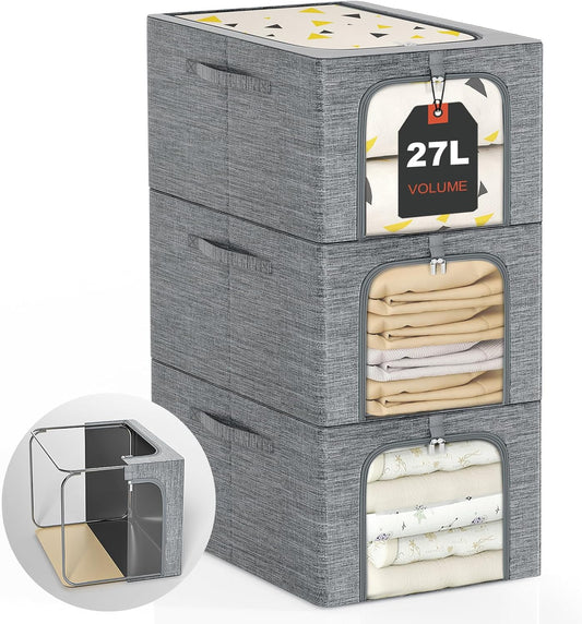 GoMaihe Clothes Storage Bins Metal Frame: 3-Pack Compact Stackable Closet Storage Bin with Lid & Clear Window, Space Saving Organizer for Sweaters Kids Clothes (Dorm/Closet 27L)