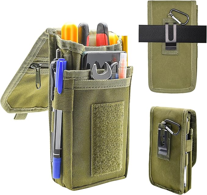 Belt Tool Pouch, Tactical Utility Organizer with Cell Phone Holder, Durable Heavy-Duty 1000D Nylon EDC Multitool Holster with Multi-Pockets for Electricians, Handymen, Work, Hiking, Daily Use