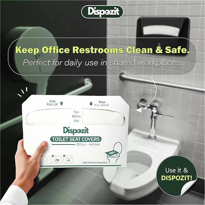 1250 Pcs Disposable Flushable Toilet Seat Covers (5 Packs of 250 Pcs) | 100% Biodegradable Commercial Toilet Seat Covers | Half-Fold Wall Dispenser Compatible | DISPOZIT Safe Liners