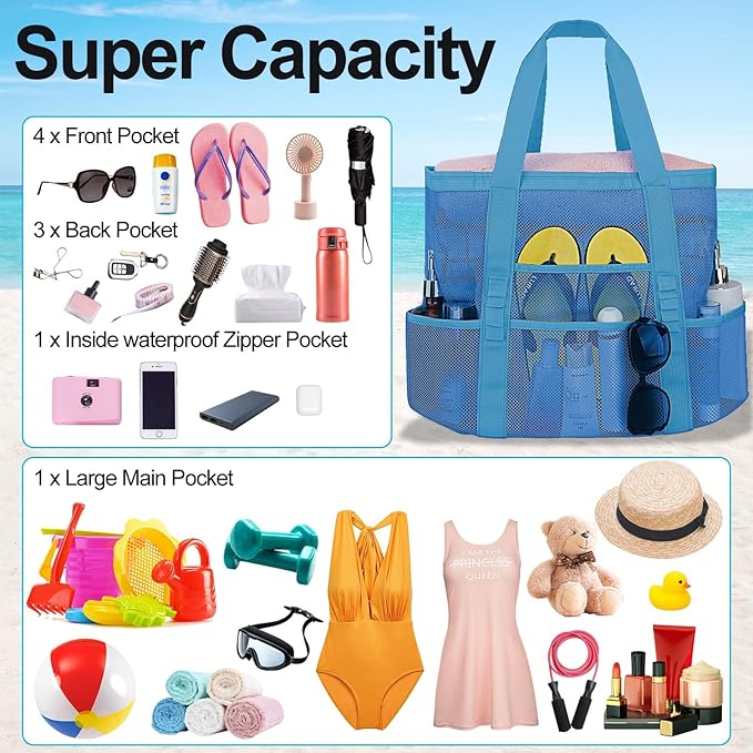 Mesh Beach Bags for Women - Family Beach Tote Bag for Toys, Towels, Travel Vacation Cruise Essentials