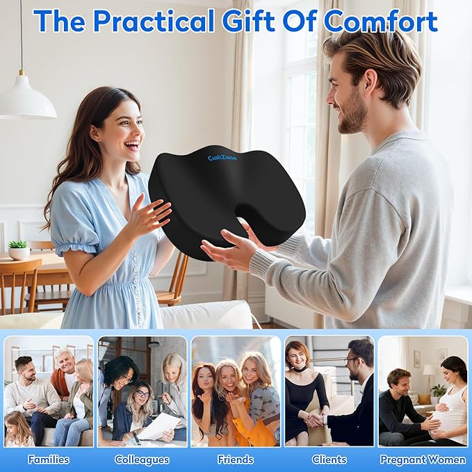 Seat Cushion - Memory Foam Office Chair Cushion for Sciatica, Tailbone & Back Pain Relief - Orthopedic Coccyx Pillow for Car, Airplane, Pregnancy & Long Sitting at Work, Black