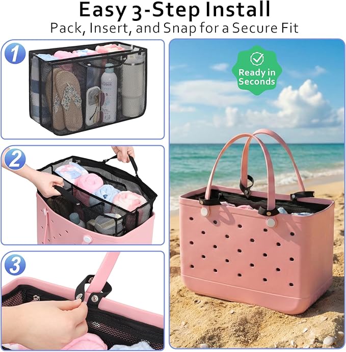 F-color Beach Bag Organizer Insert Compatible with Silicon Bag Original Large, Mesh Tote Liner with 10 Pockets & Adjustable Handle, Lightweight Divider Pouch for Beach Accessories Organizing, Black