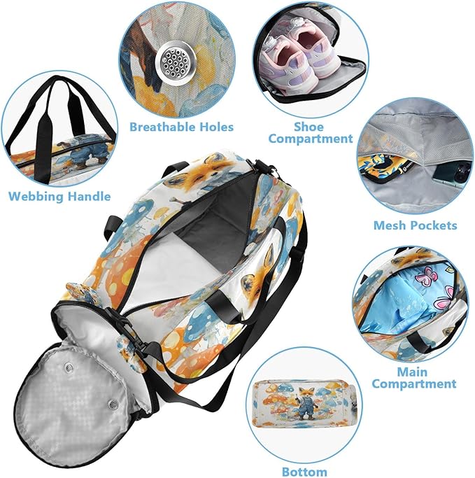Kids Travel Duffel Bag Overnight Weekender Carry-On Tote Gym Bag with Shoes Compartment Sports School Anthropomorphic Fox in Denim Overalls Painting A Mural Of Polka-dot Mushrooms Lisa Frank Neon Pal