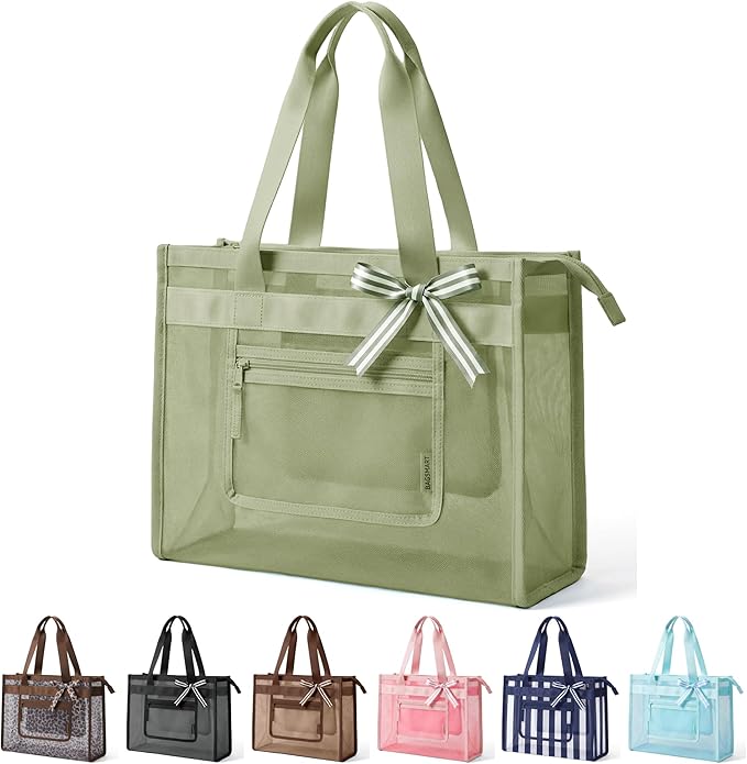 BAGSMART Mesh Beach Bag with Zipper Pocket, Large Beach Tote Bags for Women | for 40 oz Bottle, Removable Ribbon Bow, Sandproof & Washable, Cruise Essentials, for Swim, Pool, Gym, Vacation, Travel Bag