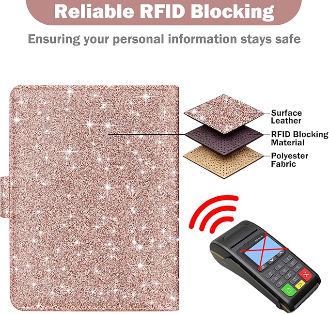 HOTCOOL Passport Holder Travel Essentials Airplane & Cruise Essentials Ship Leather Wallet Cover Case RFID Blocking Women & Men Vacation Travel Accessories Gifts Deals, Glitter - Rose Gold