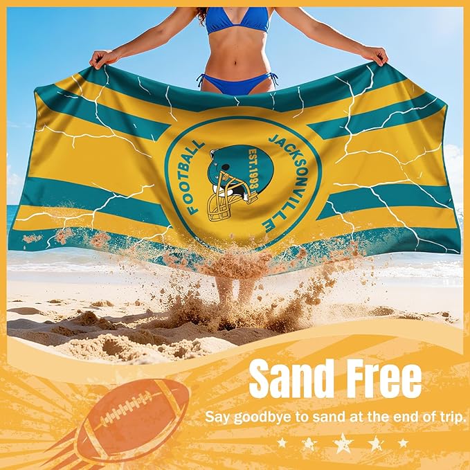 Football Fan Thin Lightweight Microfiber Beach Towel Themed Jacksonville Sand Free Oversized Portable Towels Men Women Gear Jaguars Team Dad Birthday Father Day Anniversary Gag Cool Nice Gift