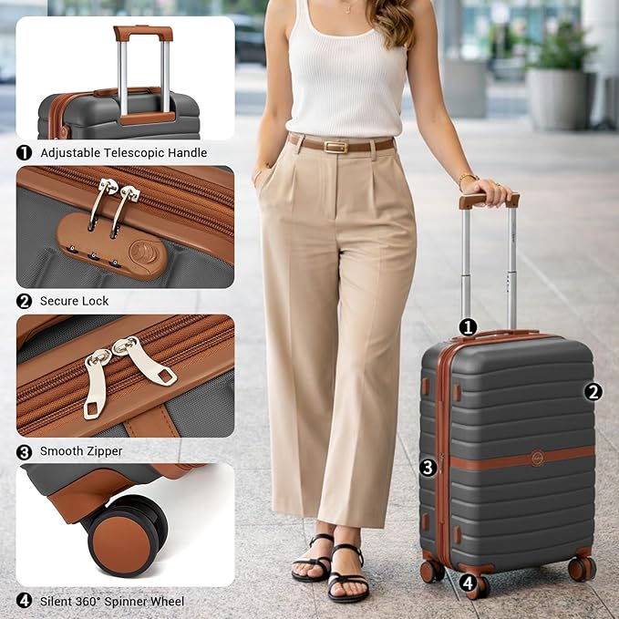 Kono Expandable 24 Inch Luggage with Spinner Wheels, Medium Checked Luggage with Lock, Lightweight & Anti-Scratch PC+ABS Hardshell Travel Suitcase, Grey/Brown