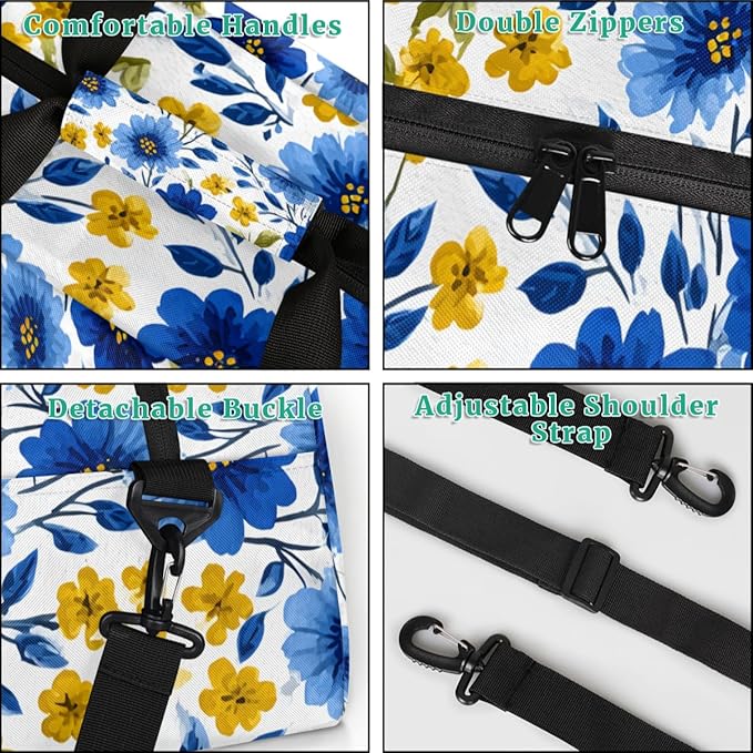 Yellow Blue Flowers Gym Travel Duffle Bag for Women & Men with Front Zipper Pocket for Sports, Overnight, Weekender, Carry On,Workout & Dance Bag,Florals Flower Daisy,18.9 * 8.7 * 10.6 in