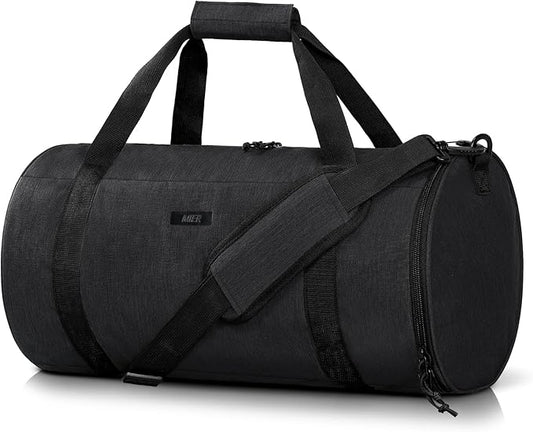 MIER Gym Bag Round Duffle Bag with Shoe Compartment & Wet Pocket, Lightweight Carry on Duffel for Men Women Workout Fitness Travel Sports, 24L, Black