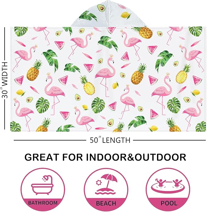 Bonsai Tree Summer Pink Flamingo Bright Hooded Beach Towel, Flamingo Lover Kids Poncho Towel for Boys Girls, Quick Dry 30''x50” Bath Towel for Pool Swiming Boys Gifts