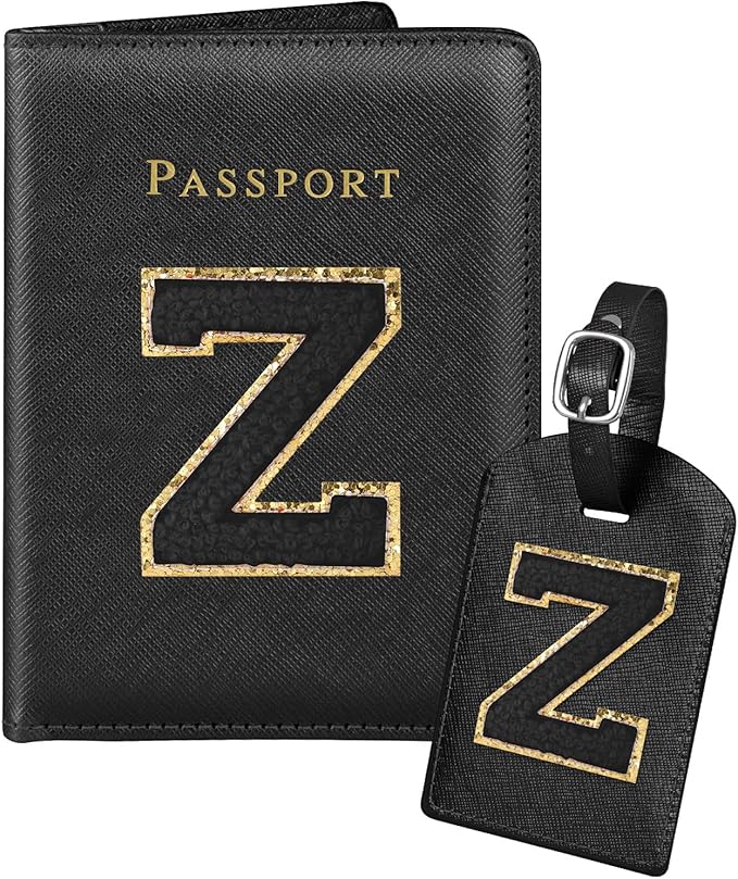 Slohif Passport Holder Initial Lugguage Tag Set Suitcase Cover Wallet Case for Travel Women - Leather Letter Passport Book Personalized Organizer Card Protector Sleeve Essentials Slim Carrier Black Z