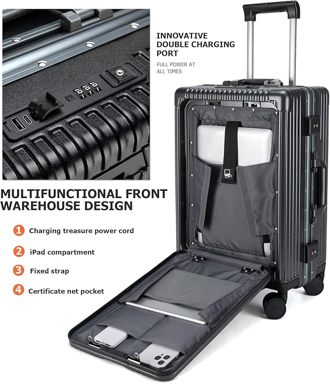 feilario Aluminium Frame PC Hard Shell Spinner Wheels Luggage,20.8"X15"X8.7 Airline Approved Built-In TSA lock Carry on Suitcase, with Cup Holder, USB Port, Phone Holder