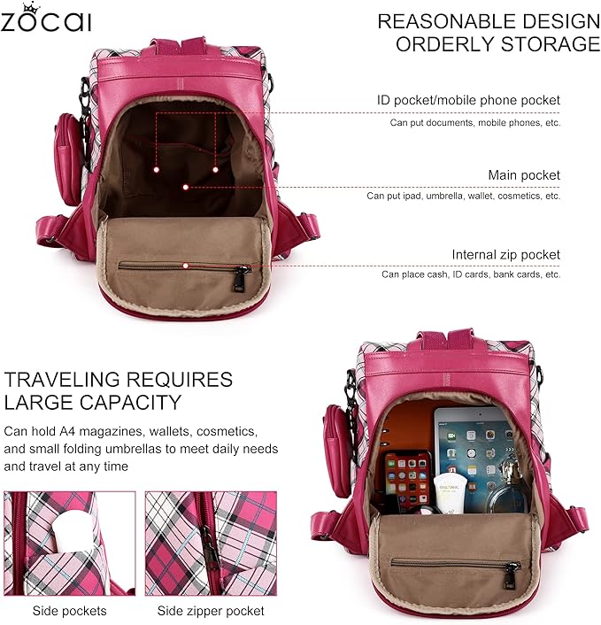 ZOCAI Backpack Purse for Women Fashion Backpack Purses PU Leather Daypacks Anti-Theft Shoulder Bag Satchel Purse