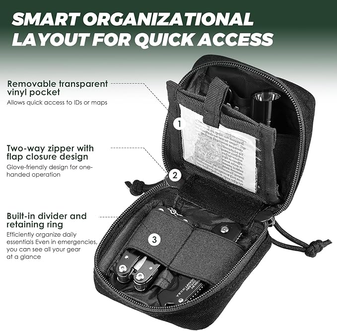 2 Pack Mini Tactical EDC Molle Pouch with 4 D-Rings, Compact Utility Belt Pouches Organizer with Removable Clear ID Pocket for Enhanced Gear Attachment (4x4 GP Pouch)