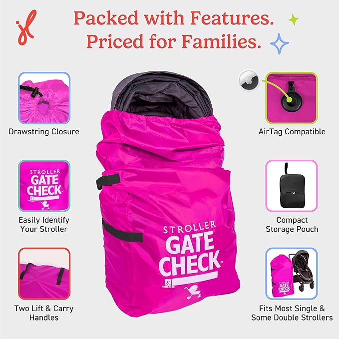 J.L. Childress Gate Check Bag for Single & Some Double Strollers - Travel Bag for Airplane, Fits Most Standard Baby Strollers, Airport Accessories Gate Check, Flying Essentials - Neon Pink