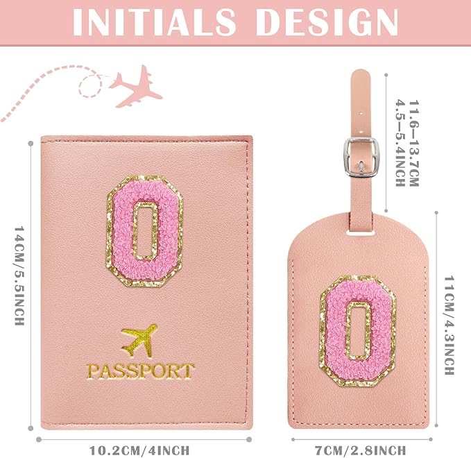 COSHAYSOO Initial Passport Cover Luggage Tag Set Letter Passport Holder Airplane Cruise Travel Essentials Vacation Traveling Accessories Personalized Gifts for Women Teen College Girls Pink O