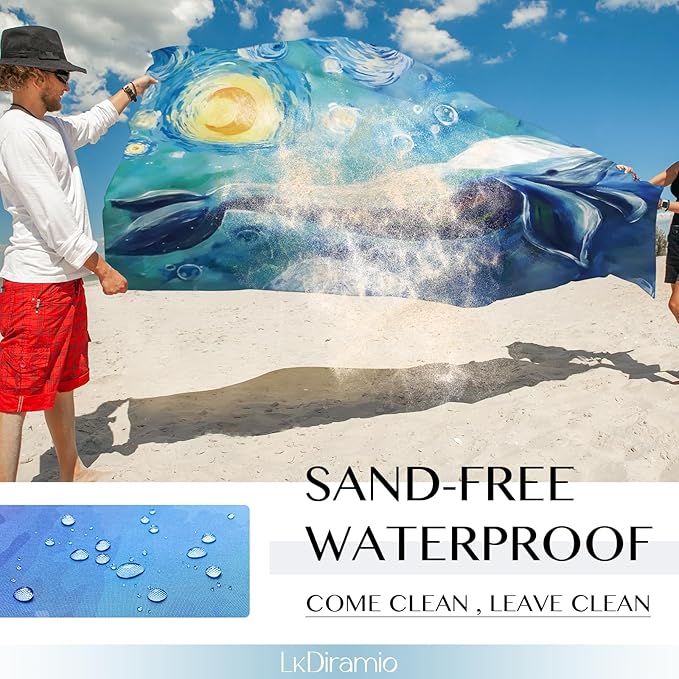 Beach Blanket Sand Proof Waterproof Oversized 100" x 80" Sand Free Mat with Corner Pockets and Mesh Bag for Outdoor, Picnic, Travel, Beach Accessories Portable, Watercolor Dolphin