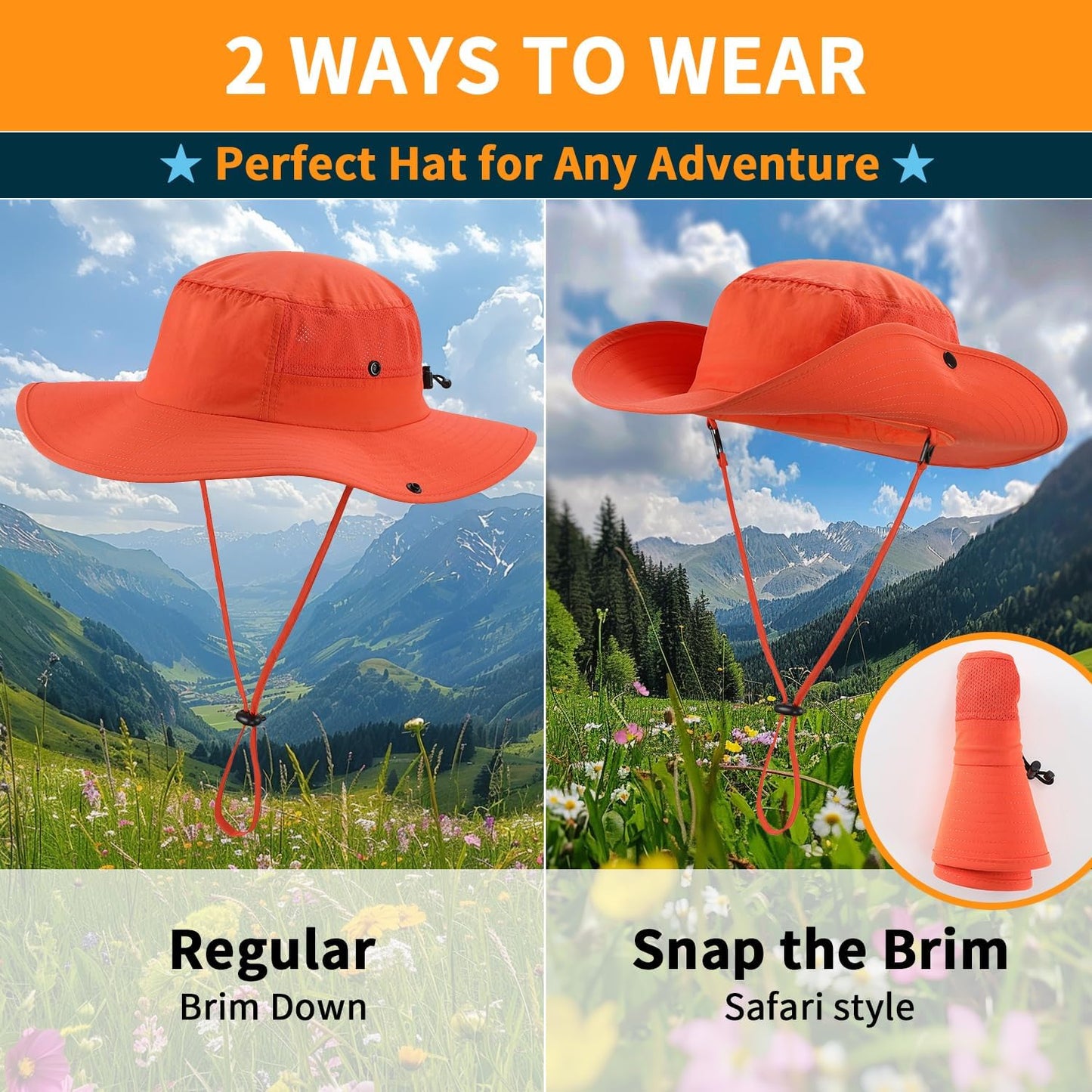 Home Prefer UPF50+ Mens Sun Hat Wide Brim Womens UV Protection Beach Bucket Hat for Fishing Hiking Snap Up Cowboy Hat