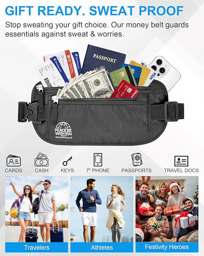 Hidden Money Belt for Travel, RFID Blocking, Sweat-Proof, Heavy-Duty Buckle, 3rd Gen Waist Wallet Anti Theft to Protect Cash, Credit Cards and Documents Under-Clothes for Men & Women, Black