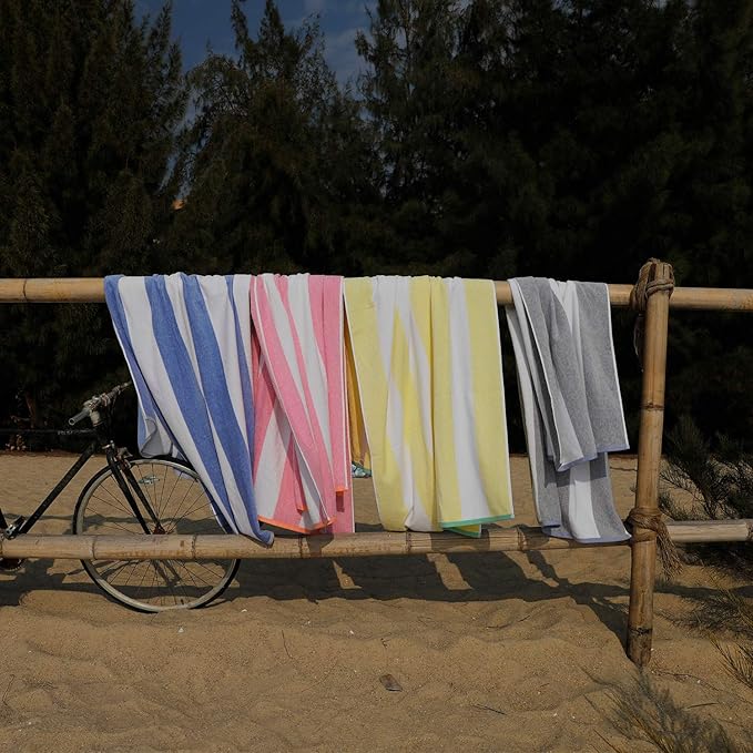 Cotton Oversized Beach Towel - Large 70 x 35 Inch Pool Towel, Navy Blue Striped Quick Dry Swimming Cabana Towel