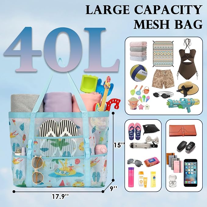 Mesh Beach Bag, Large Beach Tote with Zipper Pocket, Toys Pool Bag for Family Travel Vacation Cruise Essentials