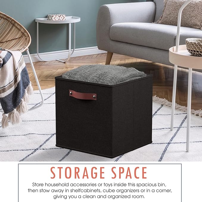 Ornavo Home 11 x 11 Storage Cube Bins, Foldable Collapsible Fabric Storage Bins Box Linen Shelf Basket Cube Organizer for Closet with Leather Handles, 6 Pack, Black