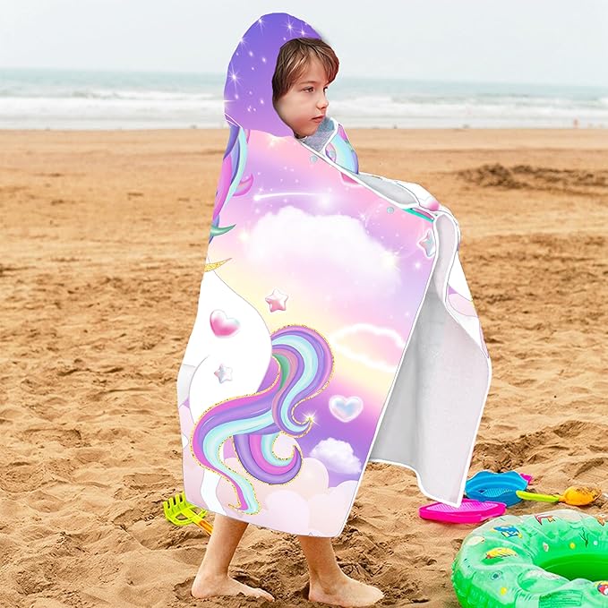 Unicorn Hooded Beach Towel, Unicorn Kids Hooded Poncho Towel for Girls, Cute Cartoon Soft Absorbent Bath Towels Pink with Hood for Kids Toddler 30”x50”, Bathrobe with Hood for Swin Pool Bath