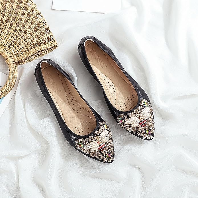 Women Ballet Flats Sparkly Rhinestone Wedding Ballerina Shoes Pointed Toe Foldable Comfort Slip on Flat Dress Shoes