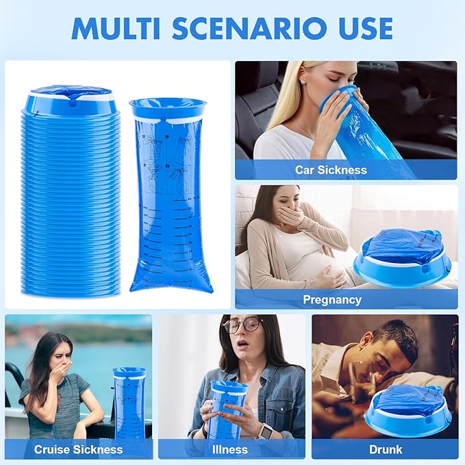 45 Pack Throw Up Bags Disposable, Portable Emesis Vomit Bags Disposable, 1000ml Barf Puke Nausea Bag, for Motion Sickness Aircraft Car Travel Adults