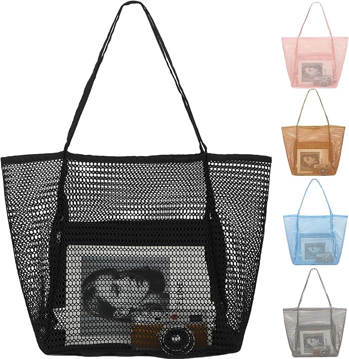 Mesh Beach Bag, Large Beach Tote with Zipper Pocket, Toys Pool Bag for Family Travel Vacation Cruise Essentials