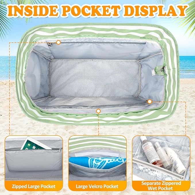 Large Beach Bag with Zipper, 12 Pockets Waterproof Sandproof Pool Bag Womens Mesh Beach Tote Bag for Travel Vacation