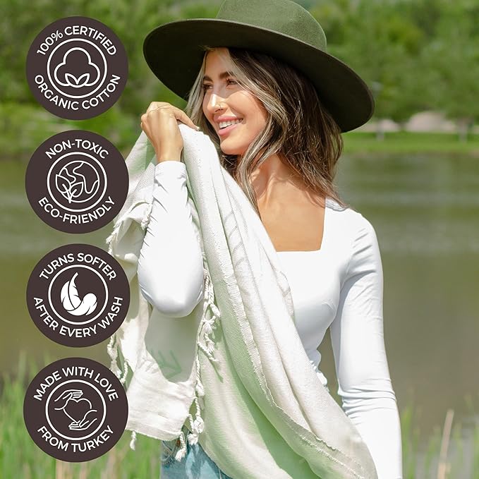 FESHKA Sand Proof Turkish Beach Towel – Oversized, Quick Dry & Lightweight Travel Towel - 100% Organic Cotton Beach Blanket - Perfect for Bath, Pool & Picnic | Cat Eye (Light Green)