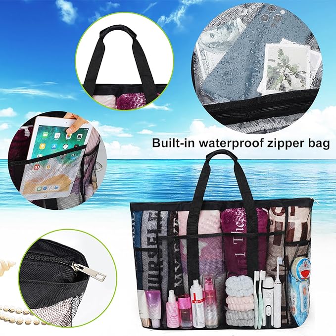 Mesh Beach Bags for Women - Family Beach Tote Bag for Toys, Towels, Travel Vacation Cruise Essentials