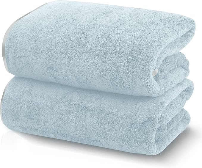 TENSTARS Silk Hemming Bath Towels for Bathroom Clearance - 27 x 55 inches - Light Thin Quick Drying - Soft Microfiber Absorbent Towel for Bath Fitness, Sports, Yoga, Travel, Gym - 2 Pack, Light Teal