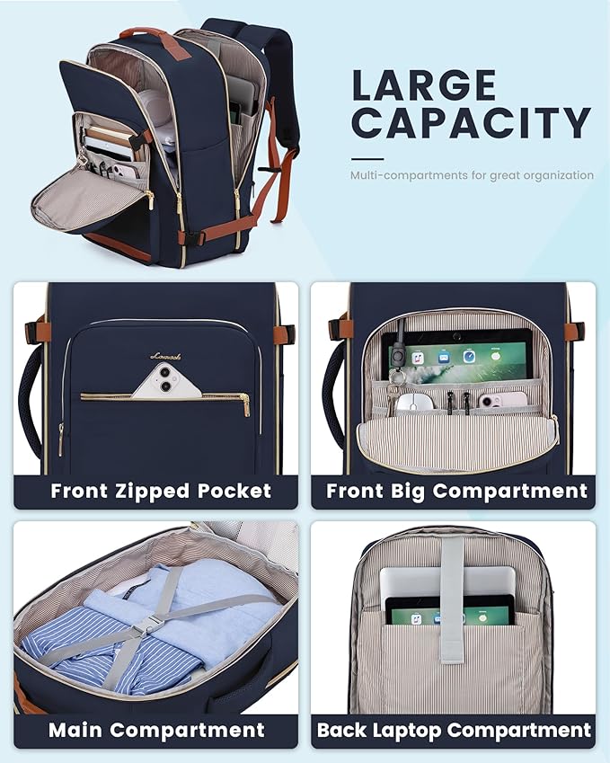 LOVEVOOK Travel Backpack for Women & Men 40L,Airline Approved Carry On Backpack Travel Essentials,TSA Carry on Luggage,Waterproof Personal Item Travel Bag,Suitcase with 3 Packing Cubes,Dark blue-Brown