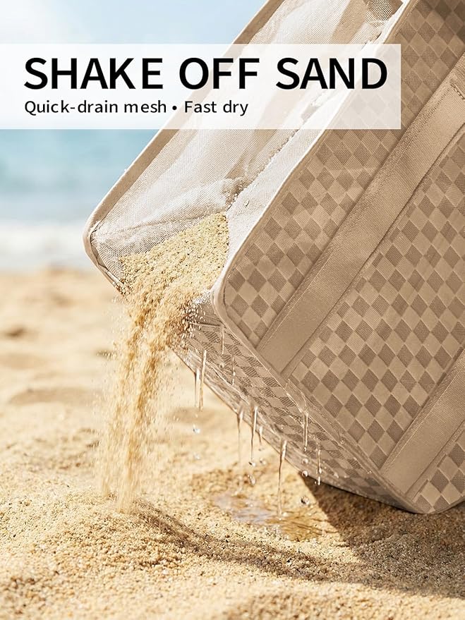 MOMINSIDE Beach Bags for Women Mesh Beach Bag - Large Beach Tote Bag with Zipper, 2 Insulated Pocket, Hat & Towel Clips, Foldable Swim Bag Pool bag for Toys, Towels & Vacation Essentials