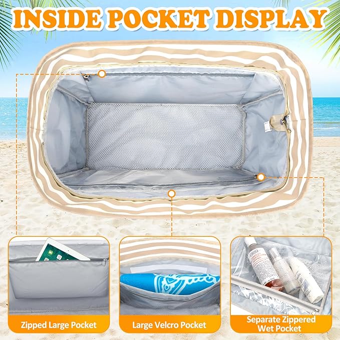 Large Beach Bag with Zipper, 12 Pockets Waterproof Sandproof Pool Bag Womens Mesh Beach Tote Bag for Travel Vacation