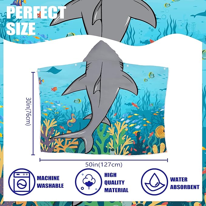Shark Hooded Beach Towel for Boys, Soft & Absorbent Shark Poncho Towel for Kids, Cool Ocean Animal Design, 30”x50” Blue Shark Hooded Bathrobe for Pool, Swim, and Bath Time