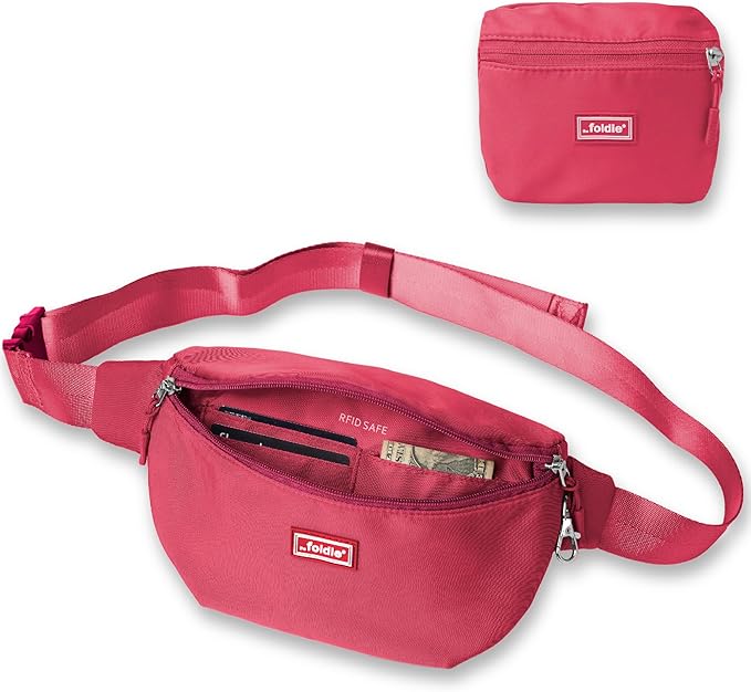 The Foldie Foldable Crossbody Bags for Women & Men - Anti-Theft RFID-Safe Fanny Pack with Smart Lockable Zippers and Cut-Resistant Strap - Lightweight Waist Pack for Travel & Everyday Use - Pink