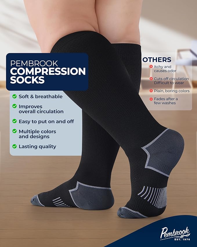 Pembrook Plus Size Compression Socks for Women Wide Calf - 3 Pairs, 20-30mmHg Extra Wide Calf Compression Socks, Up to 4XL