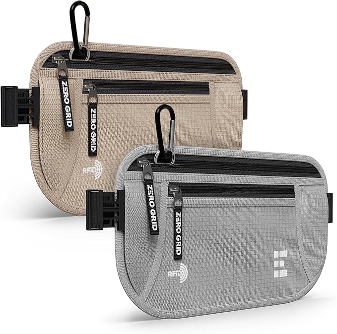 Travel Money Belt 2-Pack (Ash & Beige) – RFID Blocking Hidden Waist Pouch Set – Slim Passport Holder & Under Clothes Security Fanny Pack – Water-Resistant Travel Wallet for Men & Women