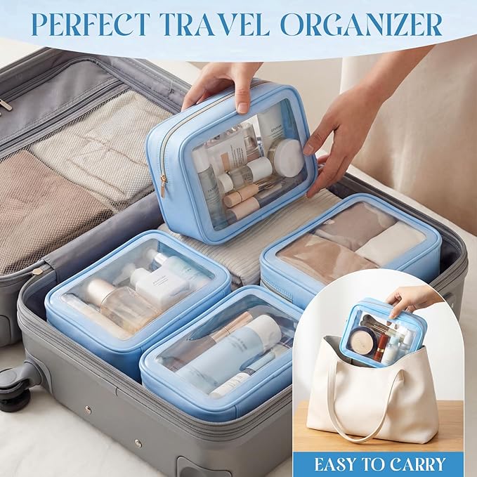 Hsei 6 Pcs Clear Makeup Bags with Color Edged TSA Approved Travel Toiletry Bags with Zipper Clear Cosmetic Bag Diaper Bag for Car Storage Organizer Wedding Essentials for Women Gift(Blue)