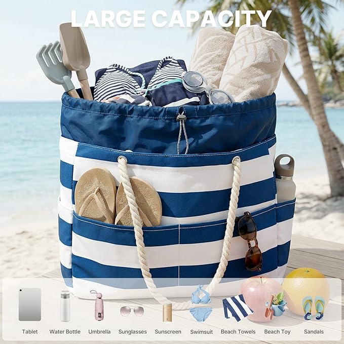 G4Free Canvas Beach Bag Waterproof Sandproof Large Beach Tote Bags for Women Pool Swim Travel Grocery