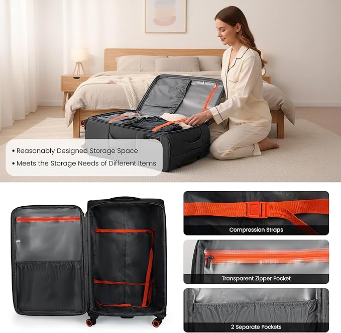 Suitcases with Wheels 32 inch Luggage,Large Softside Suitcase Expandable 20% w/TSA LOCK,Lightweight Travel Suitcase for Men/Women（Black,32in）