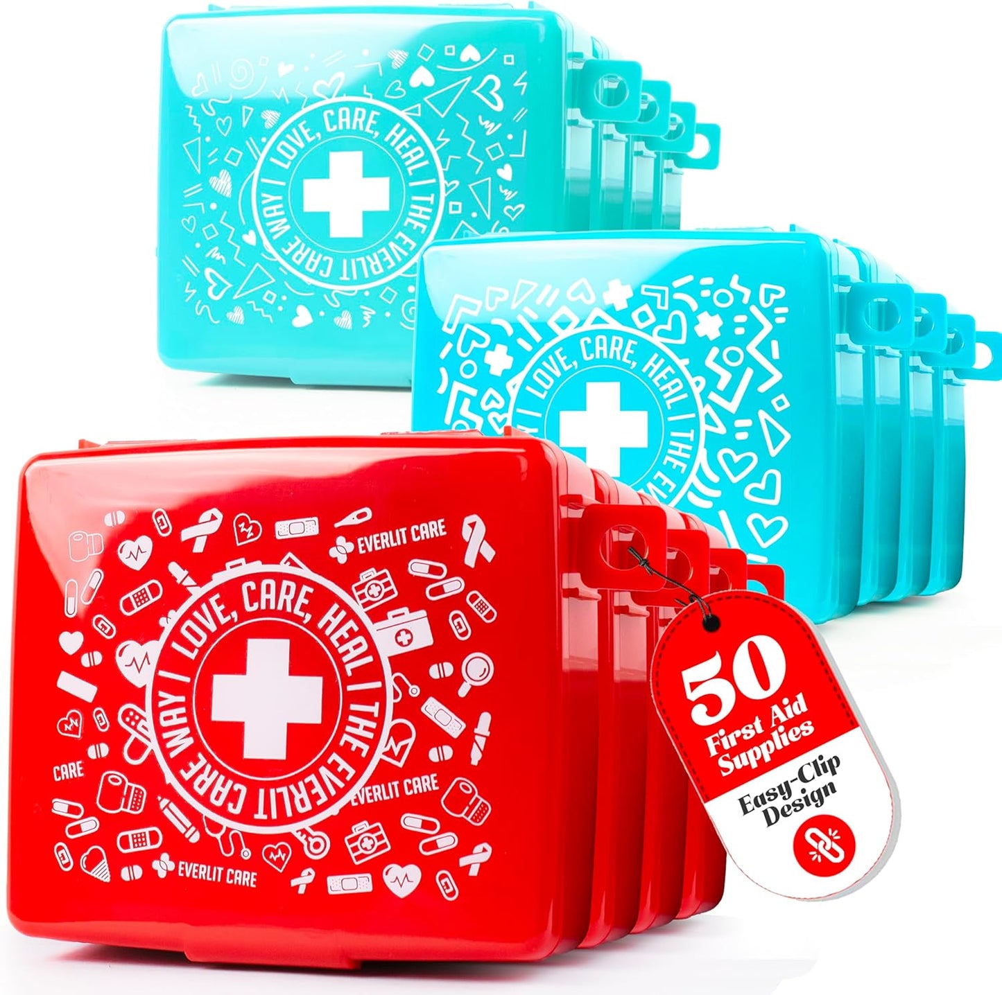 EVERLIT Pocket-Aid Mini First Aid Kit | Compact, Portable Hard-Shell Cases of 50 Items | Cuts, Scrapes, Wound Care Essentials for Travel, Outdoor, School, Camping, Home, Office (12 Packs | 600 Pcs)
