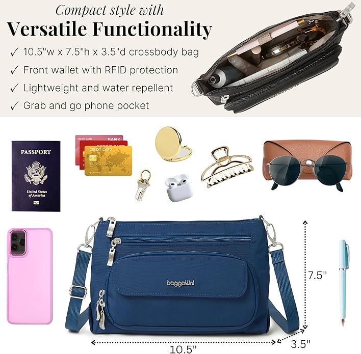 Baggallini Original Everyday 11x7.5 Crossbody Bags Rfid Protected Lightweight Nylon Zippered Travel Purse