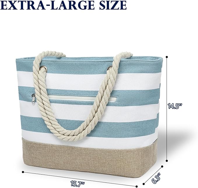 Fammart Beach Bags Waterproof Sandproof for Women, Large Canvas Pool Bag with Leakproof Wet Pocket & Zipper Cruise Essentials